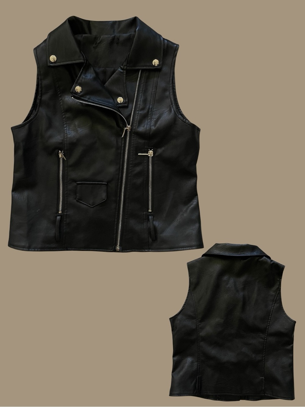 Black Faux Leather Moto Vest Motorcycle Biker Zip Vest
